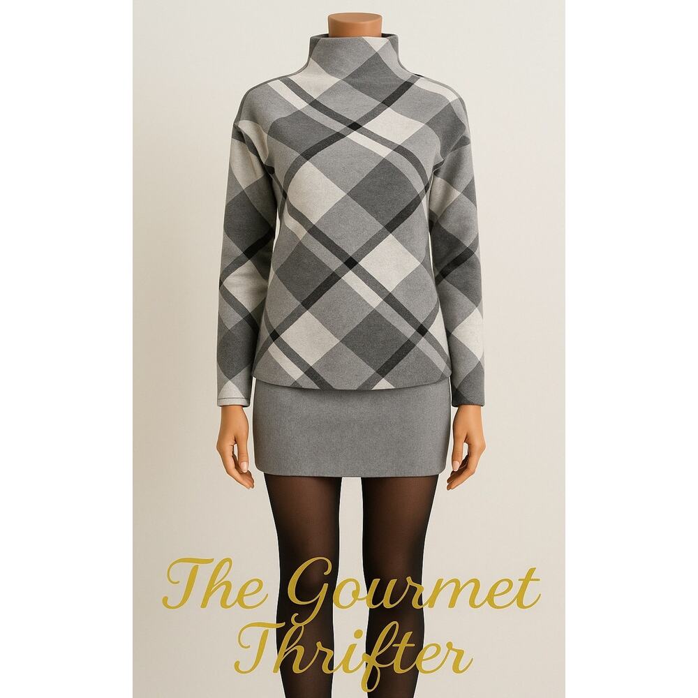 Rachel Zoe Gray Black Plaid Mock Neck Pullover Sweater XS Soft Cozy